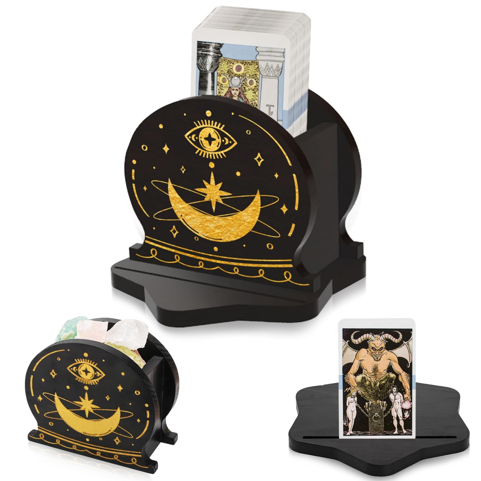 Eorbow Tarot Deck Holder with Card Case, Wood Tarot Card Display Stand Box, Round Daily Oracle Card Organizer, Witchy Decor Altar Supply for Crystal Stone Storage, Wiccan Accessories Gift