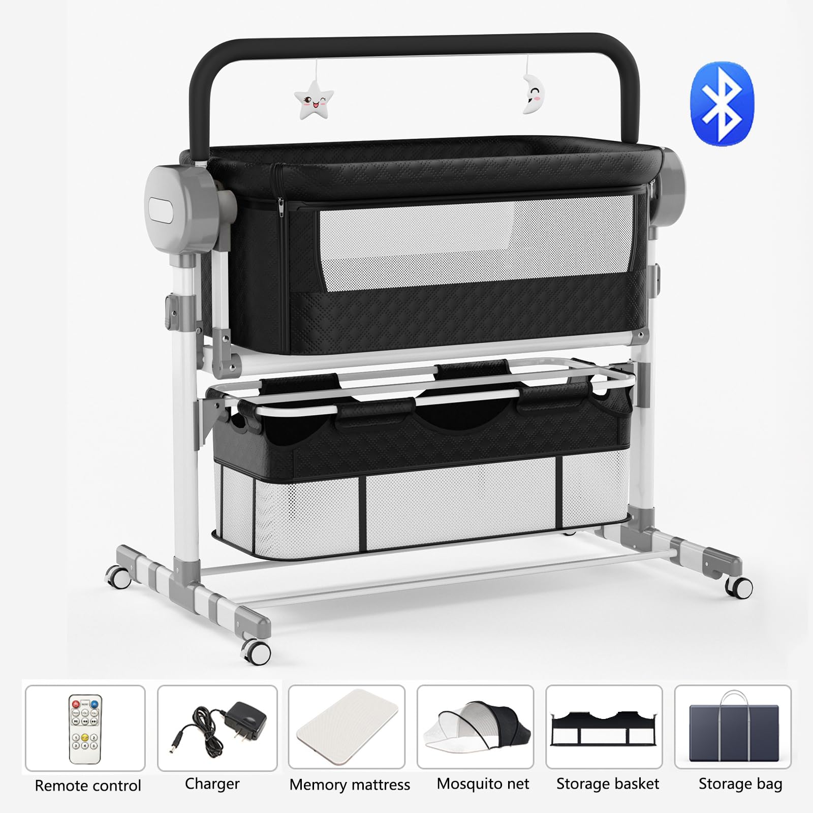 Nine point nine Elettrico Bluetooth Intelligente Culla Next to Me, Culla Neonato Fianco Letto, Convertibile Co-sleeping per Bambini Pieghevole con Musica 5 Ingranaggi Ondeggianti (608 Black)