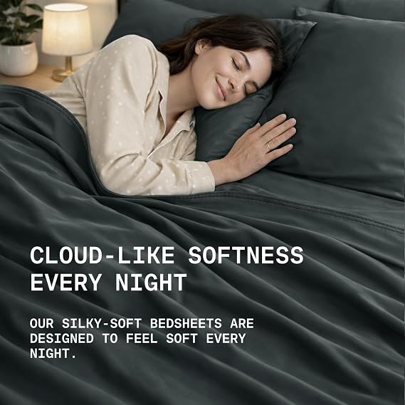 TRUE BAMBOO Sheets Set Queen Size - Silky Soft & Naturally Cooling for Hot Sleepers - Luxe 4 Piece Bed Sheets with Breathable & Moisture-Wicking Fabric - 16 Deep Pocket with Corner Straps, Dark Gray