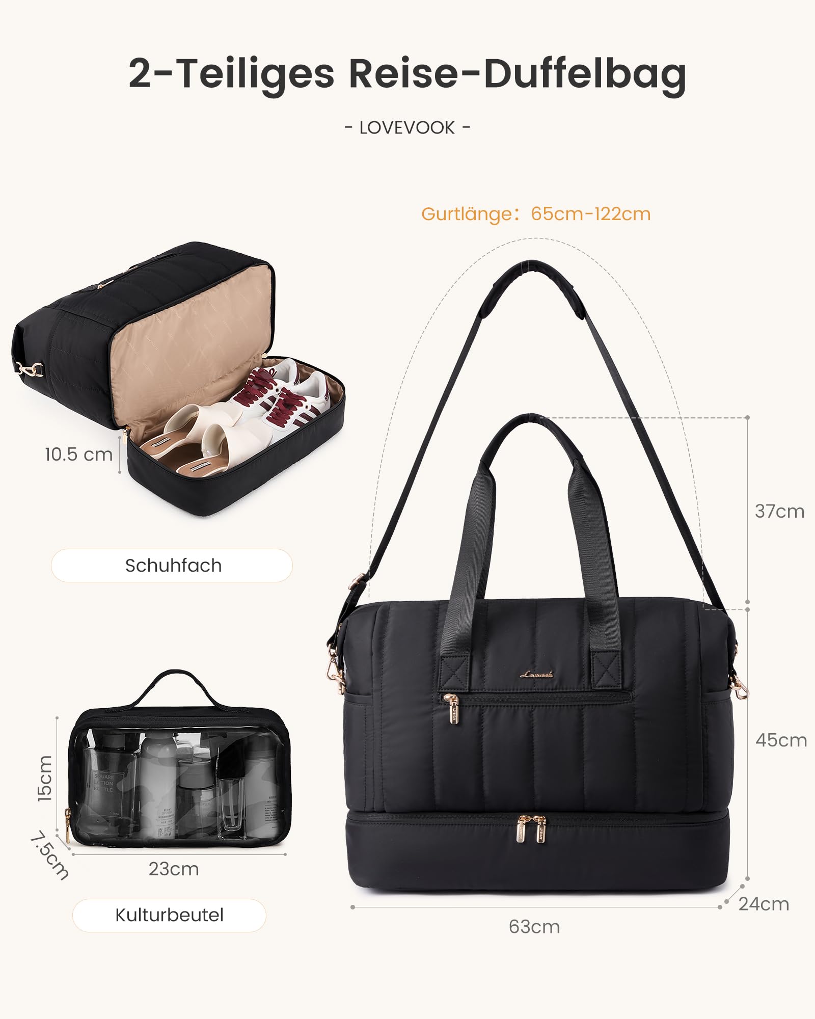 LOVEVOOK Reisetasche Damen, Weekender Tasche, Große Handgepäck Reisetaschen | Puffer Kliniktasche Geburt mit Schuhfach & Nassfach, Sporttasche, Travel Bag für Reisen, Urlaub, Wochenende, Fitnessstudio
