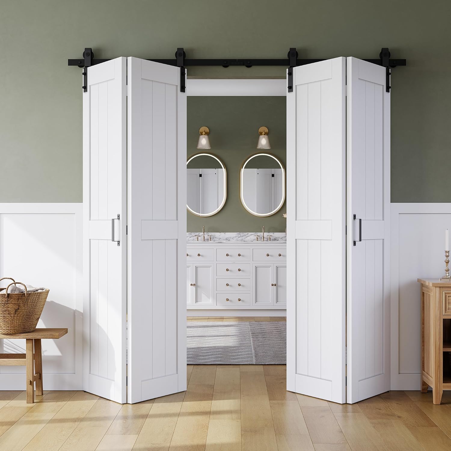 SMARTSTANDARD Bifold Barn Door 60x84 White - Pre-Finished MDF Bi-Fold Sliding Closet Doors, Space-Saving Hardware Kit Included