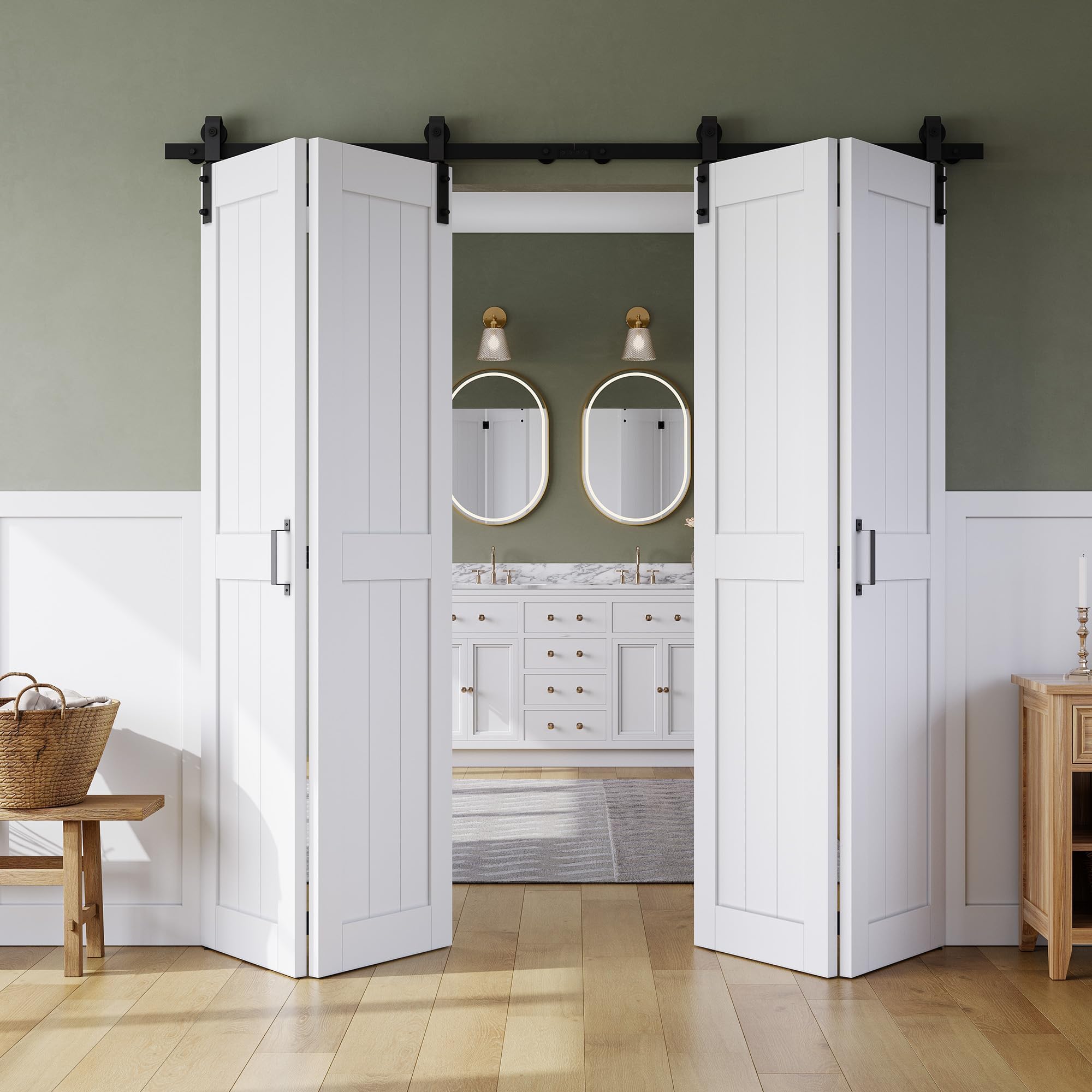 Bifold Barn Door 64" x 84", MDF Bi-Fold Sliding Closet Doors with Hardware Kit Included, Pre-Finished Easy Assembly, Water-Proof PVC Surface & Save Space, H-Frame, 72" Track for 4 Doors,White