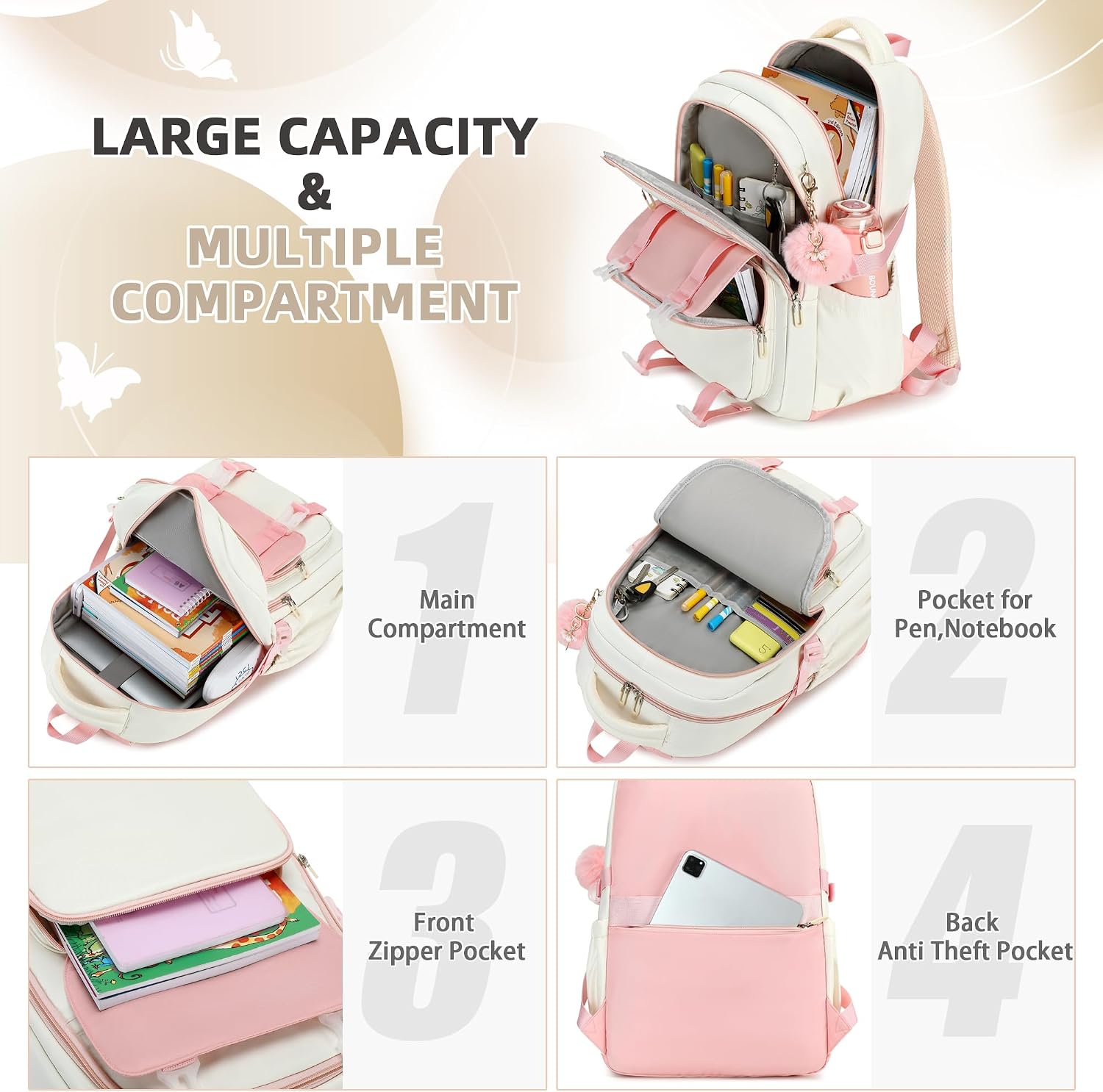 Backpacks for Girls,Laptop Bags for Women Men,3pcs Backpack with Lunch Bag Pencil Pouch Case for Teens Girl Kids Bookbag Elementary Middle School College Back Packs Student Daypack Pink Set image 4
