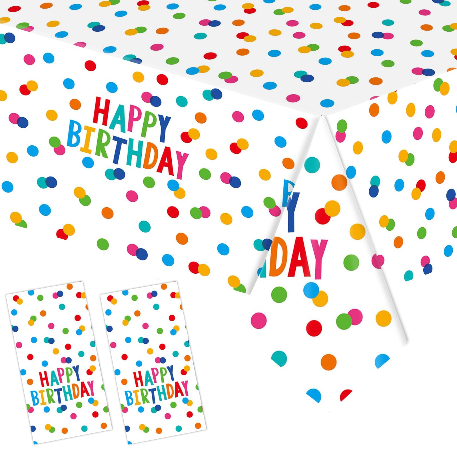 Kemay Premium Polka Dot Birthday Table Cloth - 2 Pack Disposable Plastic Table Cover (137x274cm) -Waterproof Rectangular Party Tablecloth for Kids Birthday, Baby Shower and Picnic Celebrations