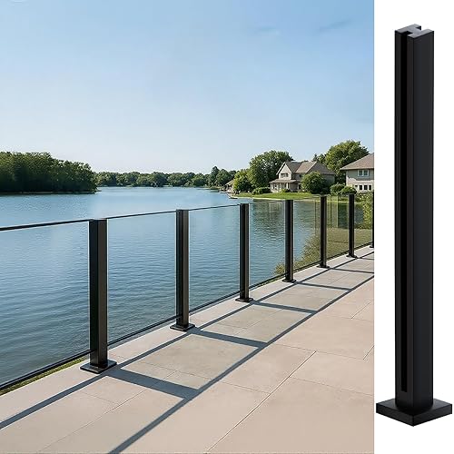Poste de barandilla de vidrio de 41 pulgadas, poste de barandilla de vidrio negro de acero inoxidable 304 con ranuras para espiga y base resistente