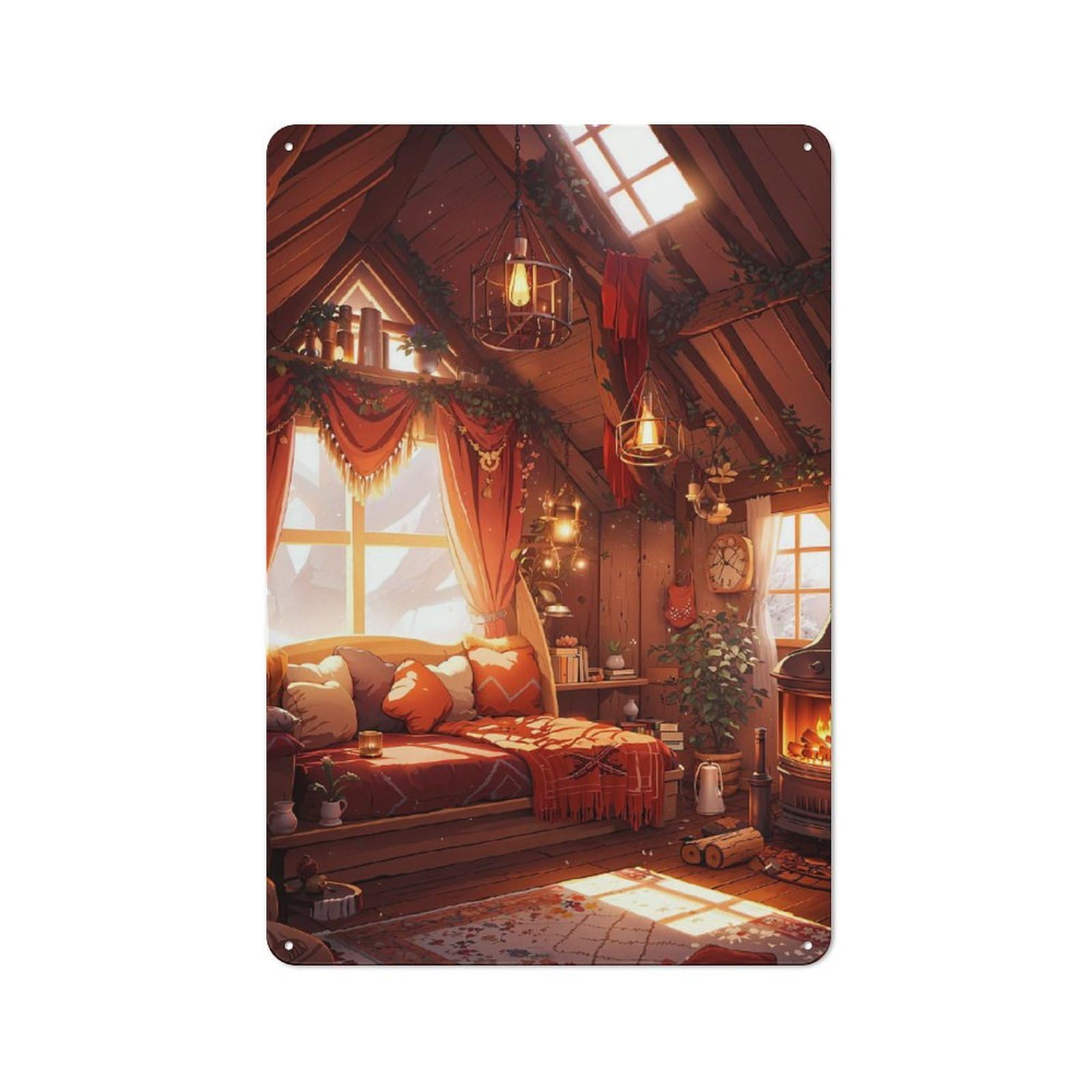 Junmoney Cozy Hearth Tin Wall Plaque 30X20cm With For Living Room Or Hallway, A Decorative Christmas Gift For Hallway Decor Fans