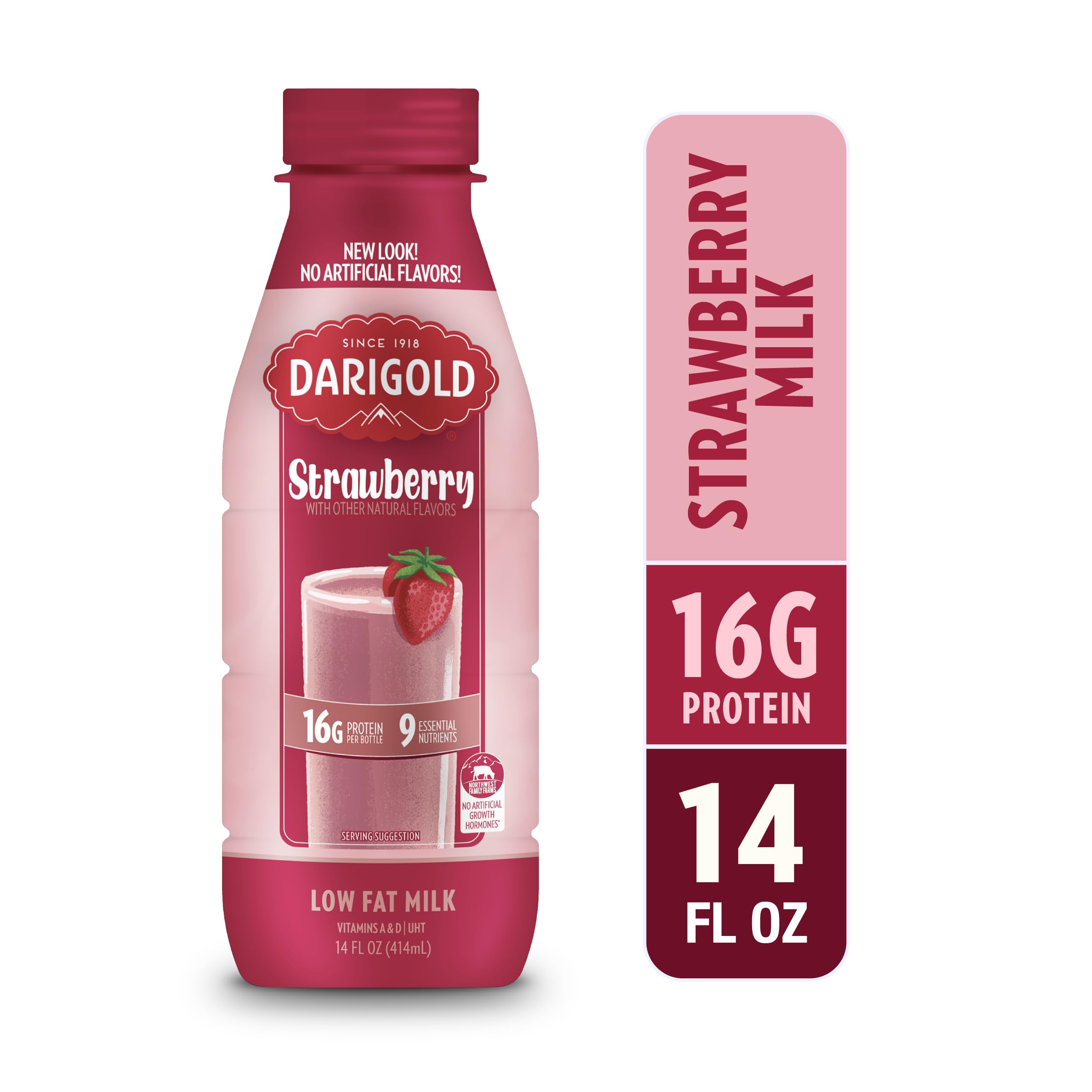 Darigold 1 Percent Milk, Reduced Fat Shelf Stable Milk with 9 Essential Nutrients, 16g Protein, rsBT Free - 14oz, 12 Pack (Strawberry)