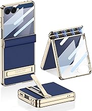 Midkart Magnetic Cover Compatible with Samsung Galaxy Z Flip 7 Release 2025 Hinge Protection Leather Case Kickstand Electroplated with Front Glass and Camera Protection, Blue