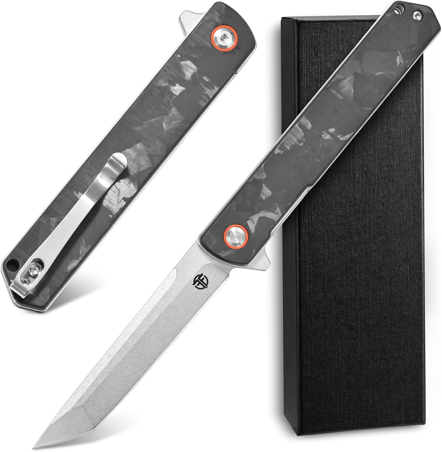 FF8 Folding Knife, 14C28N Steel Blade Carbon Fiber Handle with Pocket Clip for Men Women Outdoor Camping Fishing Working Survival(Black)