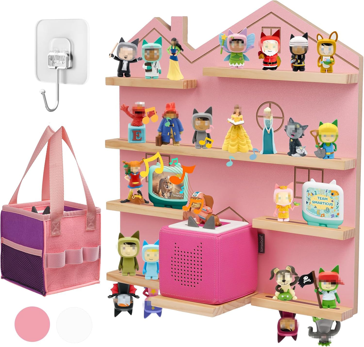 Gieanoo House Tonie Shelf for Toniebox 1 and Toniebox Starter Wall Mounted Magnetic Wooden Floating Shelves Compatible with Tonie Box Player Tonie Figures Storage (Pink)