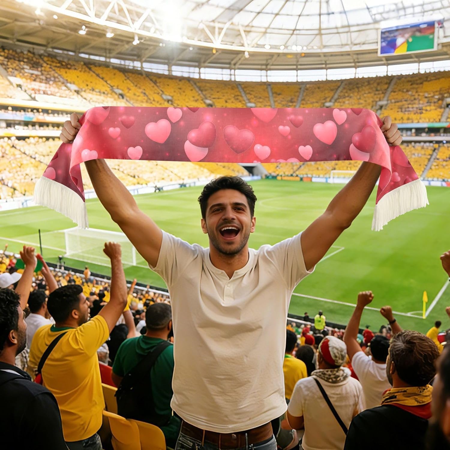 CHIFIGNO Pink Red Hearts Sports Fan Scarf Towel, Soft Polyester Sweat Wipe Cheering Scarf for Soccer Football Games, Quick Dry