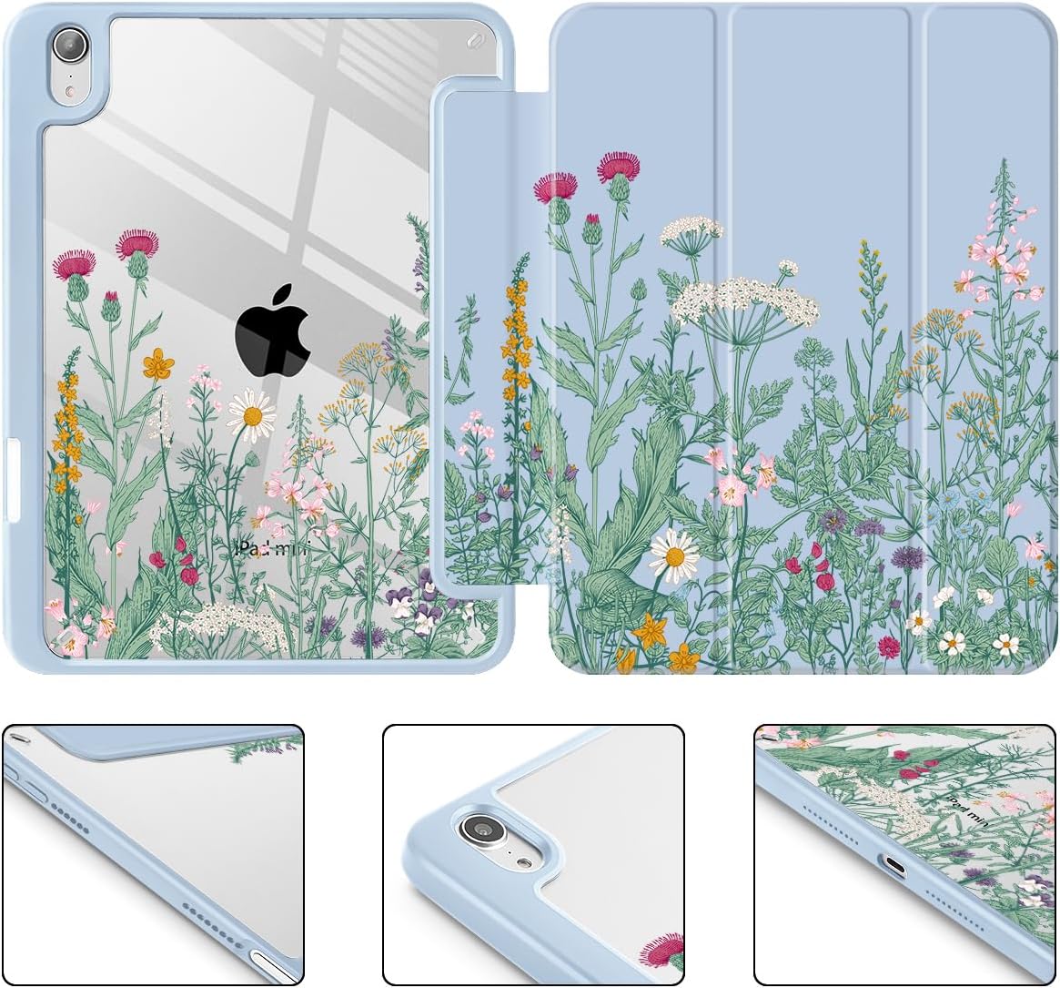 May Chen Slim Case for iPad mini 7 (A17 Pro, 7th Generation) 2024 / iPad mini 6 (6th Gen) 8.3 Inch, [Built-in Pencil Holder] Shockproof Cover Clear Clear Back Shell Auto Wake/Sleep, Herbs Flowers
