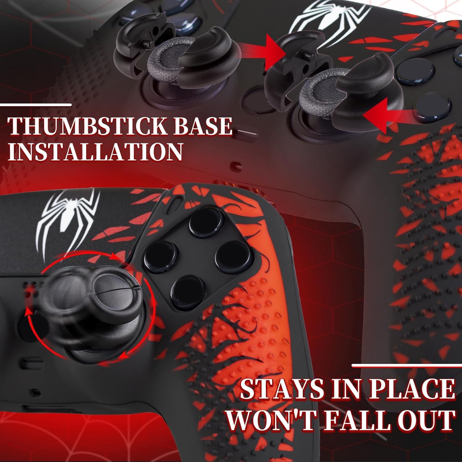1 adhesivo de silicona y 2 empuñaduras extensoras para mando de PS5 Spider Edition, color rojo