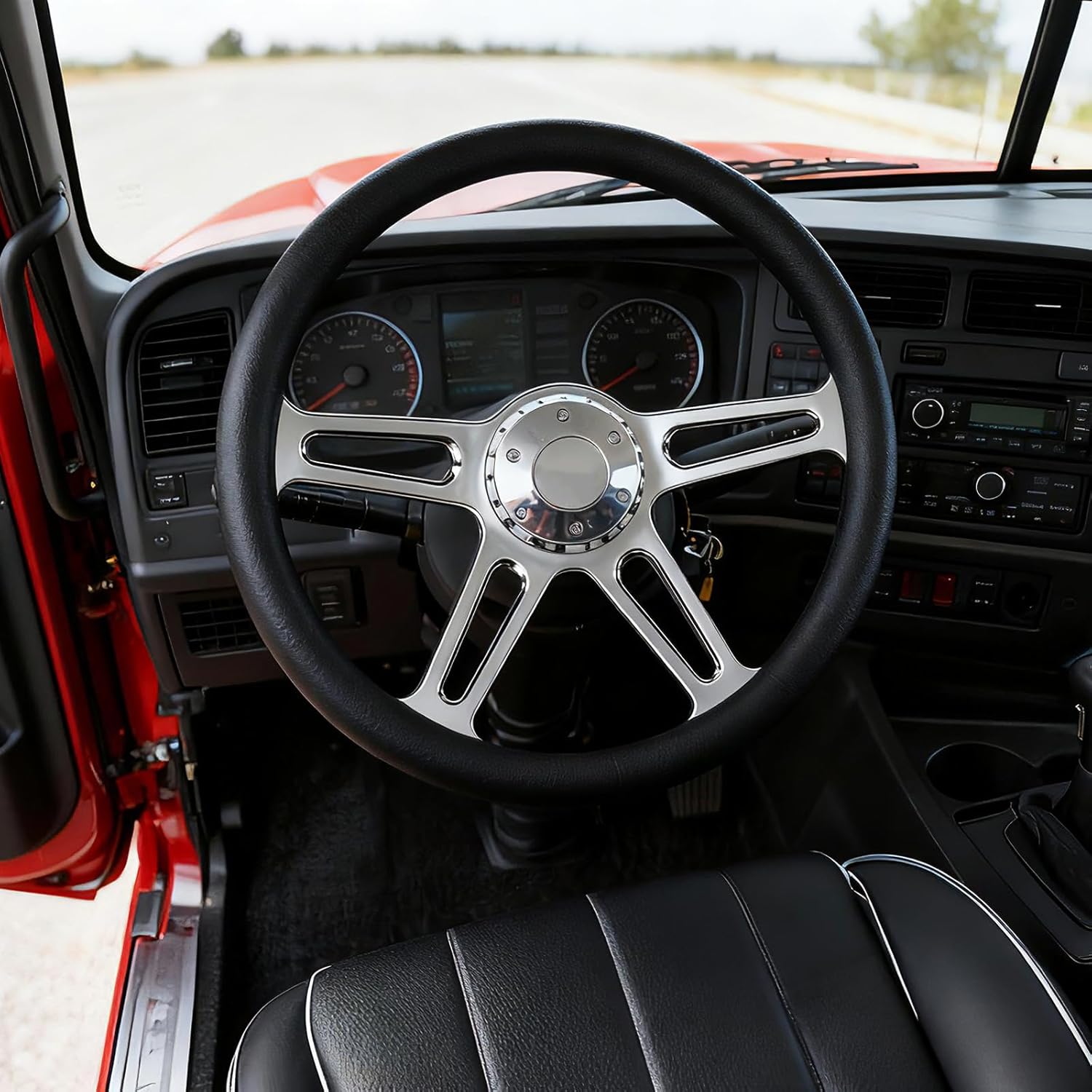 18" Solid Wood lacquering Truck Steering Wheel Chrome-Plated Aluminum Alloy 5-Bolt,Deep Dish 50mm,Fit for Kenworth for Peterbilt for Freightliner for Volvo Trucks Dark Wood Grip Steering Wheel