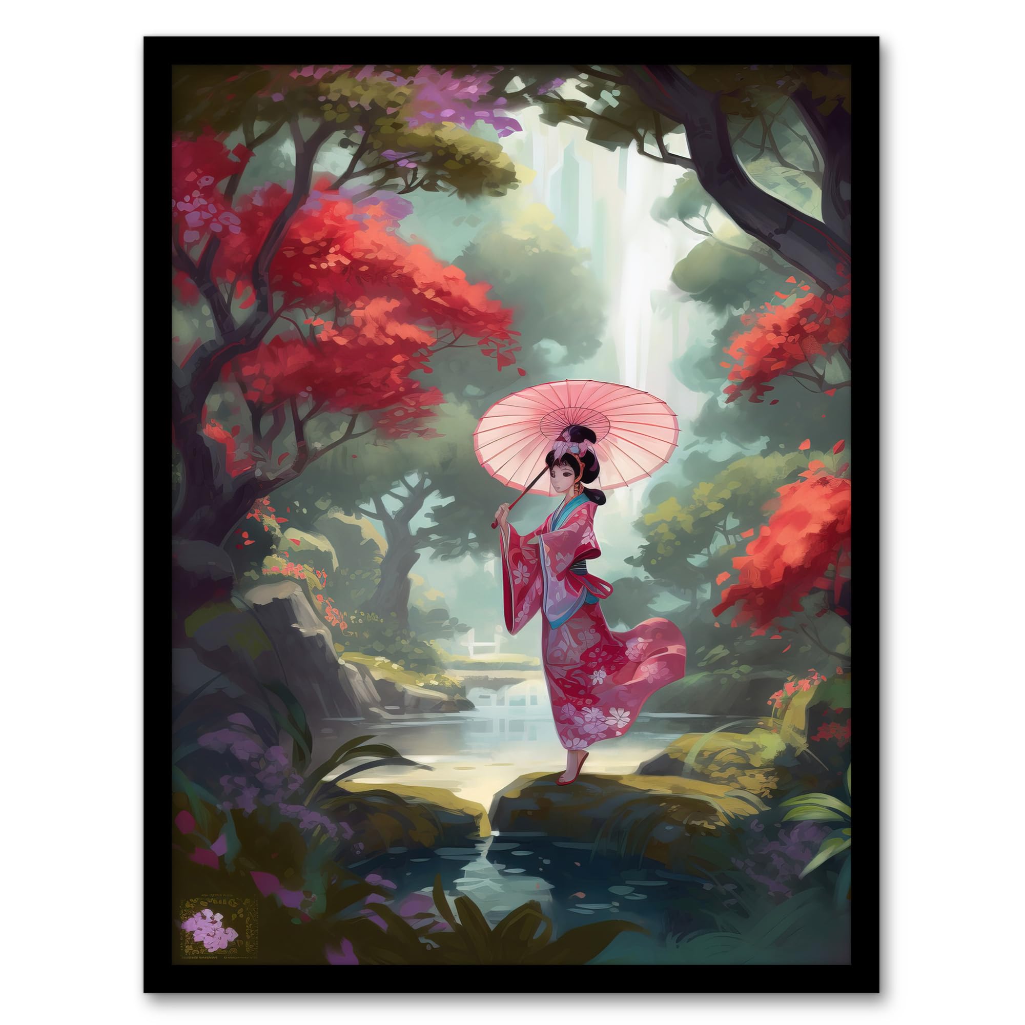 Geisha Dancing with Umbrella By Cherry Blossom Trees Wall Art Poster Print