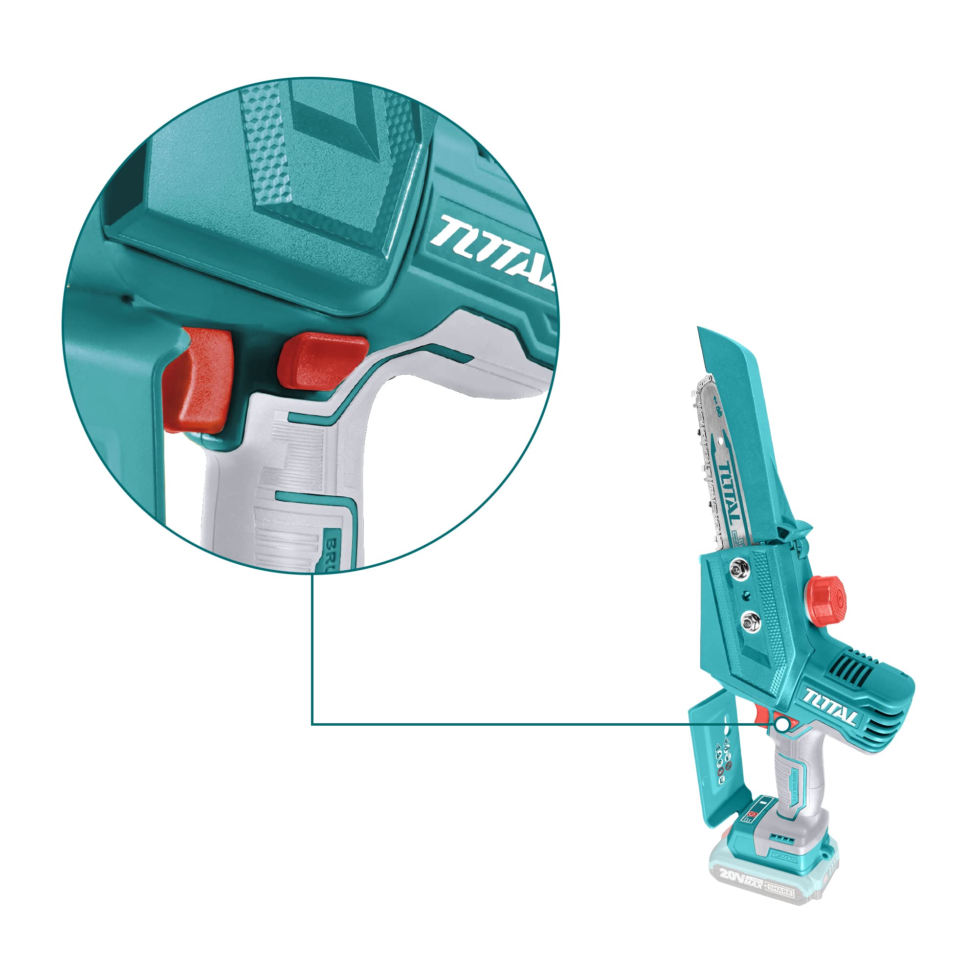 TOTAL - Sierra Mini de Cadena a Batería P20S de 20 V - Motor Brushless - Inalámbrica - Herramienta para Cortar Madera - Para Jardinería - Incluye Espada y Cadena