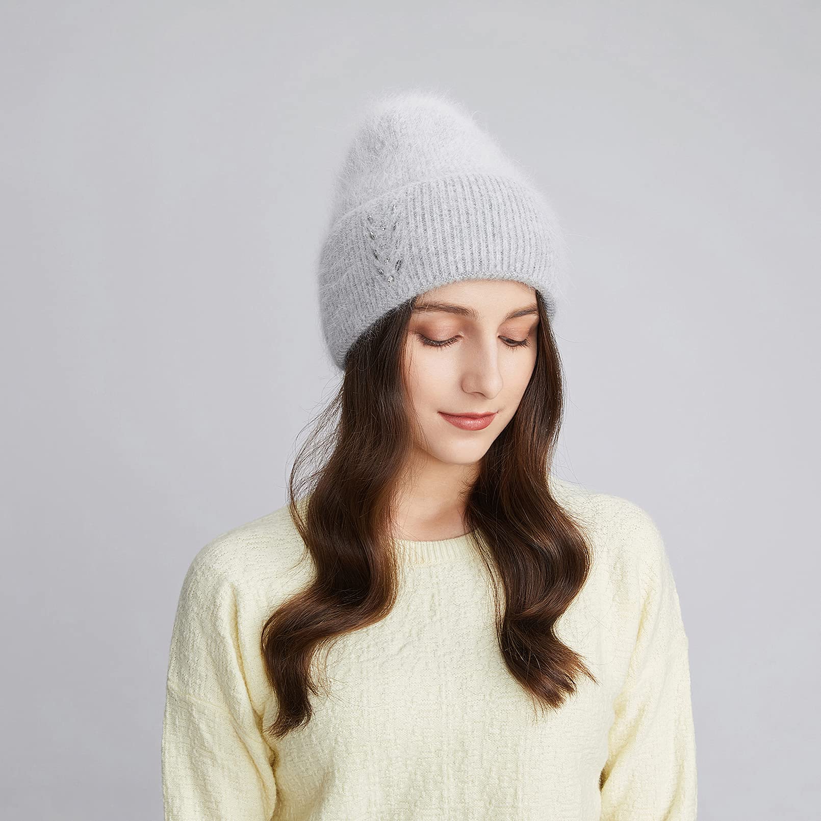 BeFur Bonnet à pompon en cachemire pour femme - Chaud - Côté large avec strass - Pour l'hiver, gris clair, Taille unique
