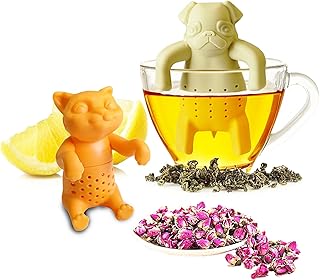 Silicone Tea Infuser, 2pcs Cute tea infuser gift set for loose leaf tea, reusable tea infuser,is ideal gift for tea lovers (Orange cat + pug)