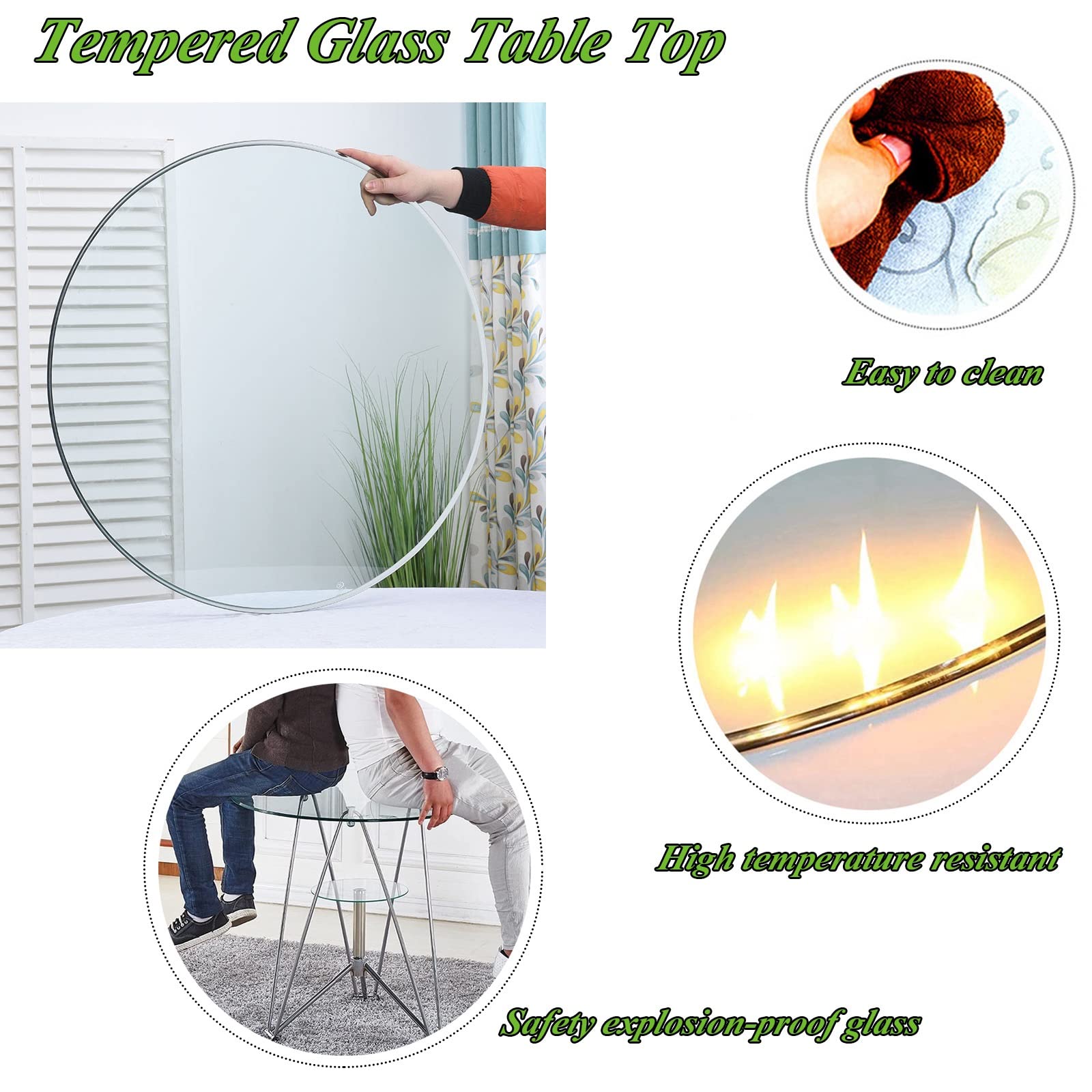 Dessus De Table Verre Trempé Rond Transparent Plat 380-800mm Bords Polis