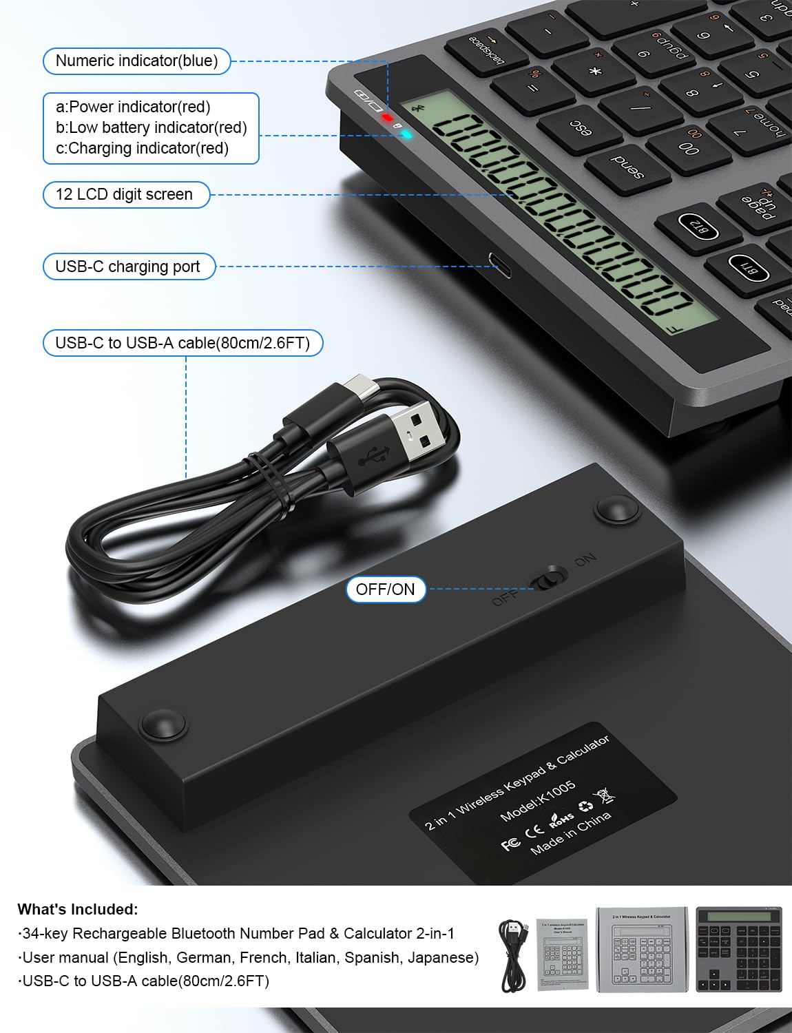 Tastierino Numerico Wireless Bluetooth con Calcolatrice - Tastierino numerico sottile ricaricabile a 34 tasti, inserimento dati + calcolo per MacBook, Pad, Computer Portatile, Cablato e wireless 2in1