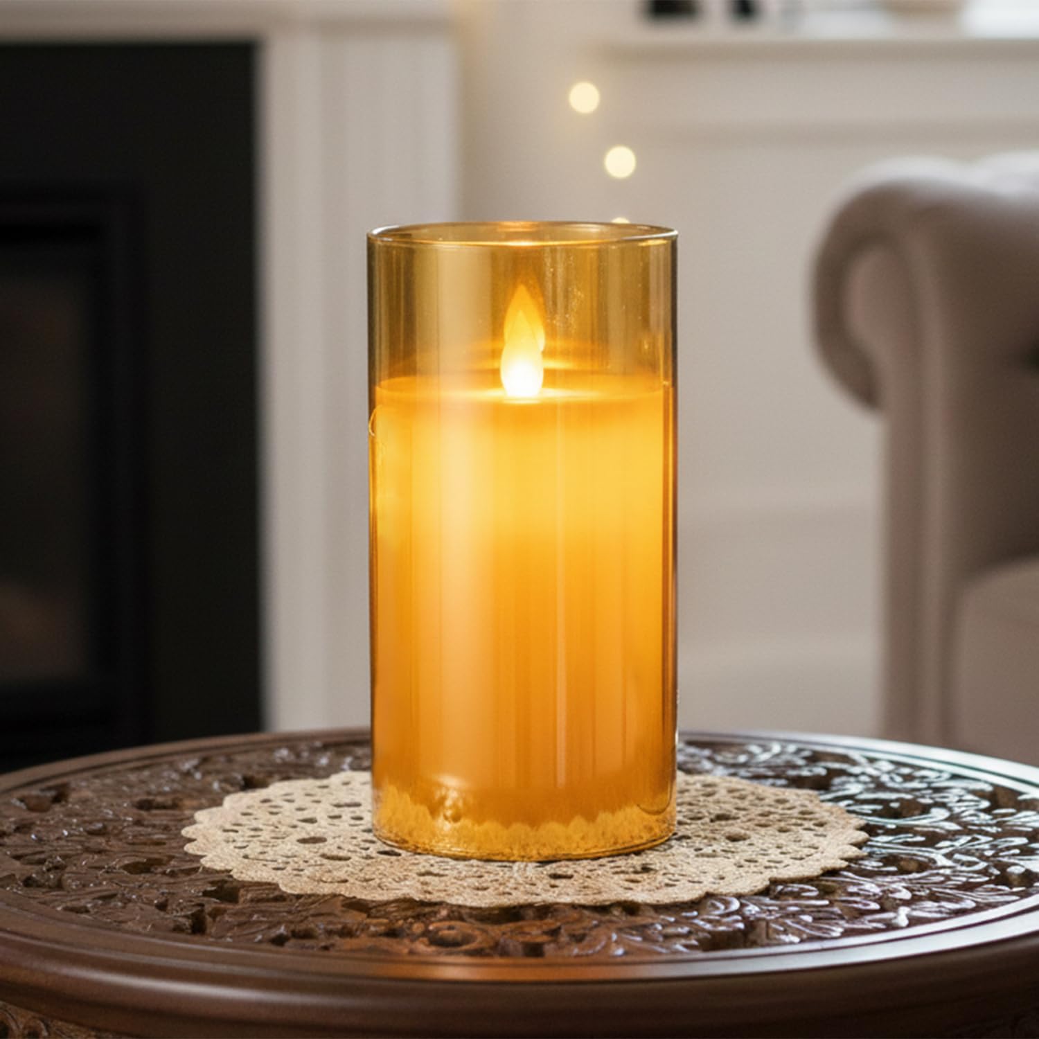 LTETTES LED Glass Cup Pillar Candle | Real Wax | Flameless Electric Candles with Flickering Faux Wick | Amber Color Glass | Battery Powered with Remote Controller for Home Decor (H-6" x D-3") 1