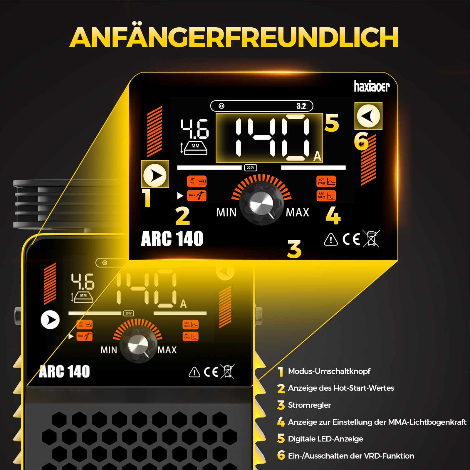 haxiaoer ARC140 Elektroden Schweißgerät – 140 A 230V IGBT DC Inverter Schweißgerät mit Lift TIG, LED-Anzeige, Anti-Stick, Hot Start, ARC Force, 10 Rods