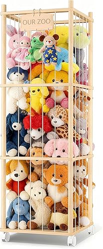 Almacenamiento de animales de peluche, organizador de almacenamiento de juguetes de felpa de madera, jaula de juguetes de gran capacidad con placa