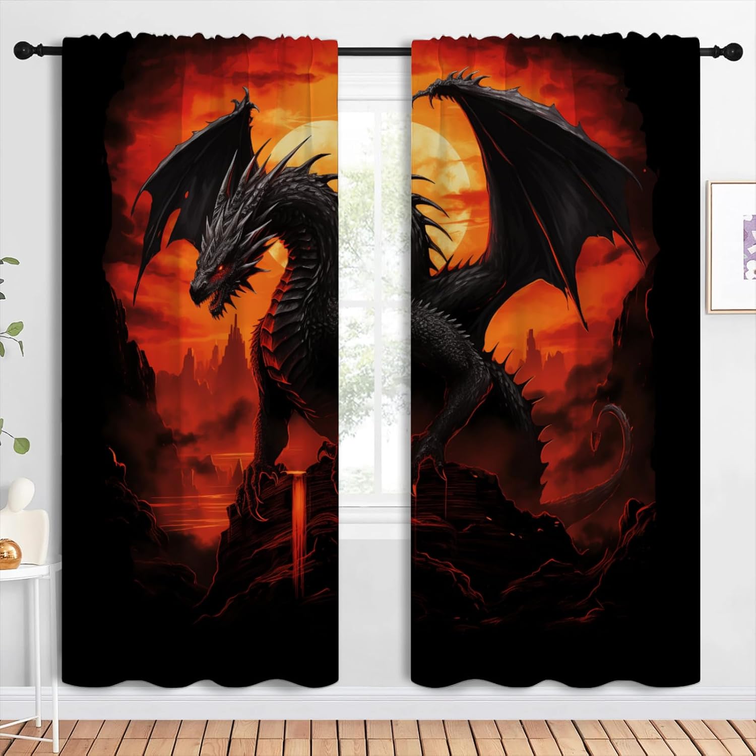 Black Dragon Blackout Curtains for Boys Girl Bedroom Home Decor, Magic Forest Wildlife Red Sun Thermal Insulated Rod Pocket Darkening Living Room Window Drapes, 84 x 84 inch