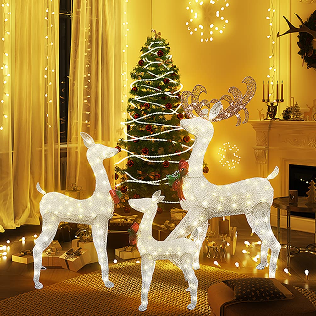 Lamerge Lighted Reindeer Family Set of 3, Light up Christmas Decoration Deer with 230 LED Lights, Red Bow and Ground Stakes, Indoor or Outdoor Christmas Holiday Decoration for Yards Lawn Patio, White