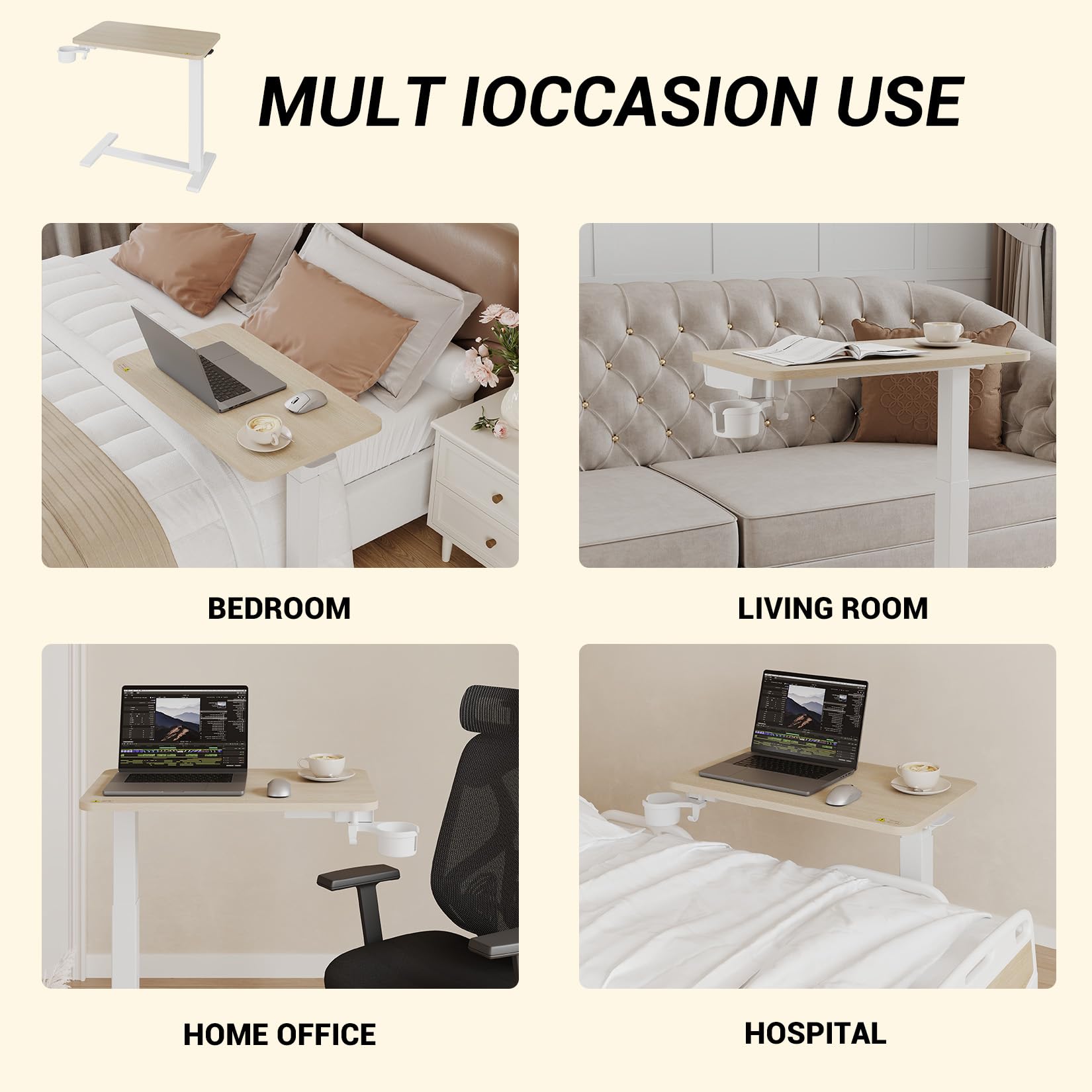 GarveeHome Tavolino Letto Regolabile Ruote Altezza Tramite Sistema Pneumatico, Vassoio TV Pieghevole, Robusto Telaio in Acciaio e Piano Legno, Mobile Per Letto, Divano, Casa o Ufficio