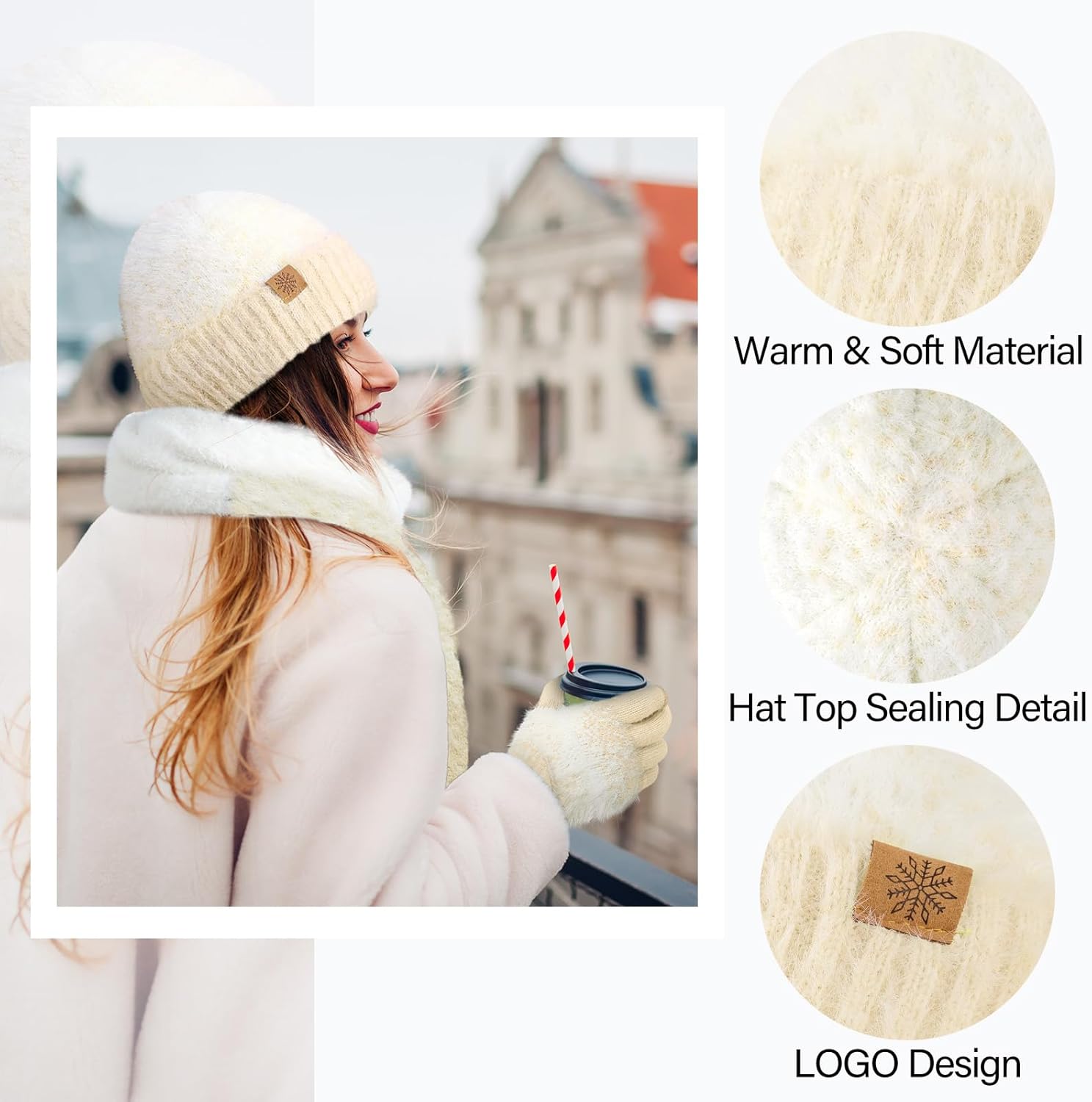 Winter Beanie Hat Scarf Gloves Set for Women, Warm Soft Knit Skull Cap Long Scarf Touchscreen Gloves 3 in 1 Set for Women/Men - Image 3