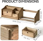 KIRIGEN Wood Desktop Bookshelf with Drawer, Expandable Desk Shelf, Brown | Solid Wood Shelf Adjusts 12.24-22.7 In Wide; Drawer Holds Supplies, Open Sections Hold Books and Files; Fully Assembled