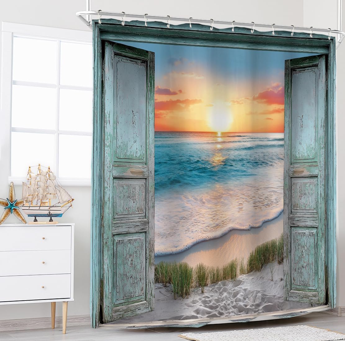 Riyidecor Teal Ocean Beach Shower Curtain for Bathroom Decor 60Wx72H Barn Door Sea Coastal Nautical Sea Wooden Rustic Sun Sunset Turquoise Art Printed Fabric Polyester Waterproof 12 Pack Plastic Hook