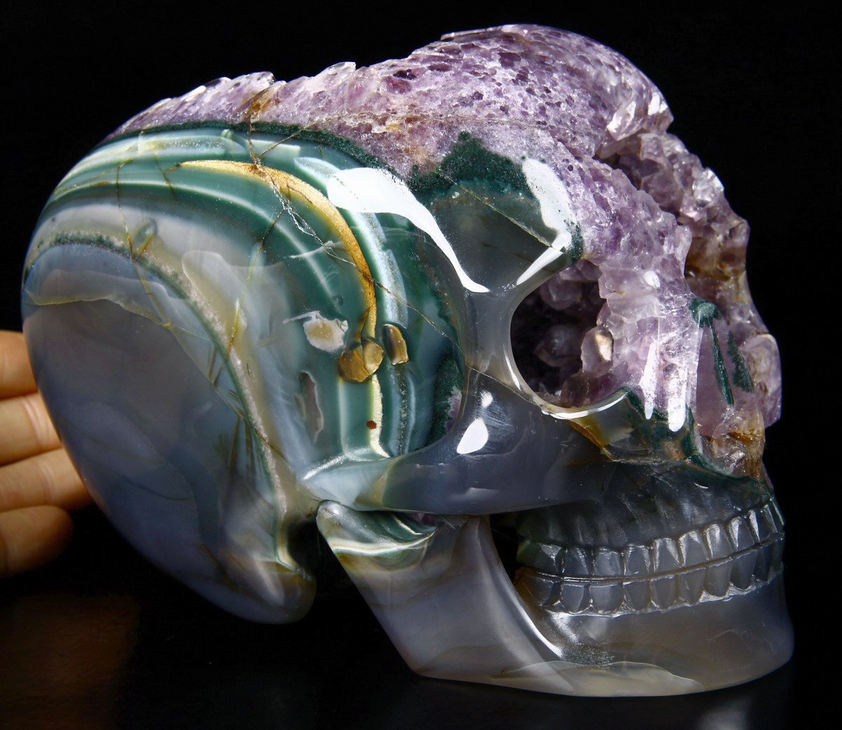 Stunning Amethyst Geode 6.3" Agate Carved Mitchell-hedges Crystal Skull Replica, Skull of Doom