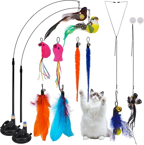 PAWCHIE Juguete interactivo para gatos, juguete interactivo de plumas para gatos, juego de juguetes de simulación de pájaro con ventosa, juguetes