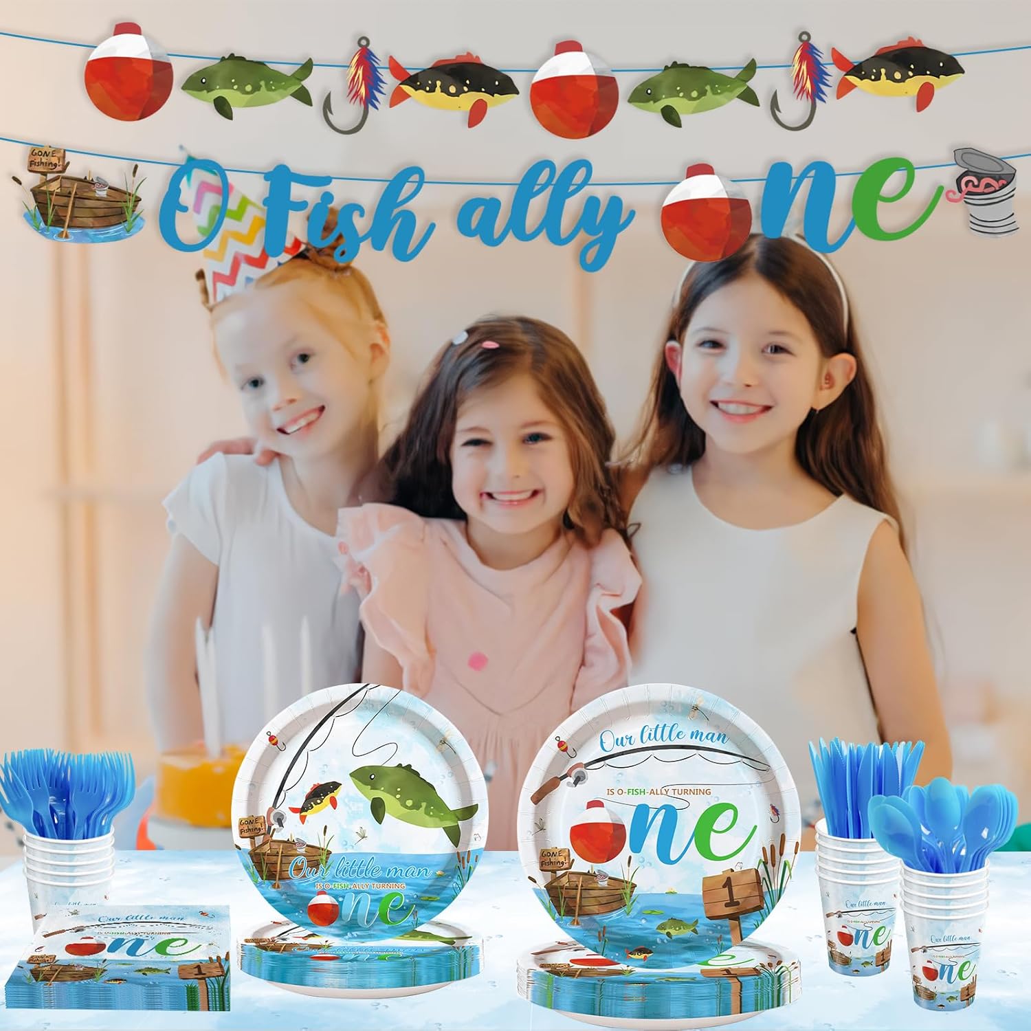 170pcs Ofishally One Party Plates Napkins Gone Fishing 1st Birthday Party Supplies Disposable Tablecloths Cups Banner for 24 Guests - Image 5