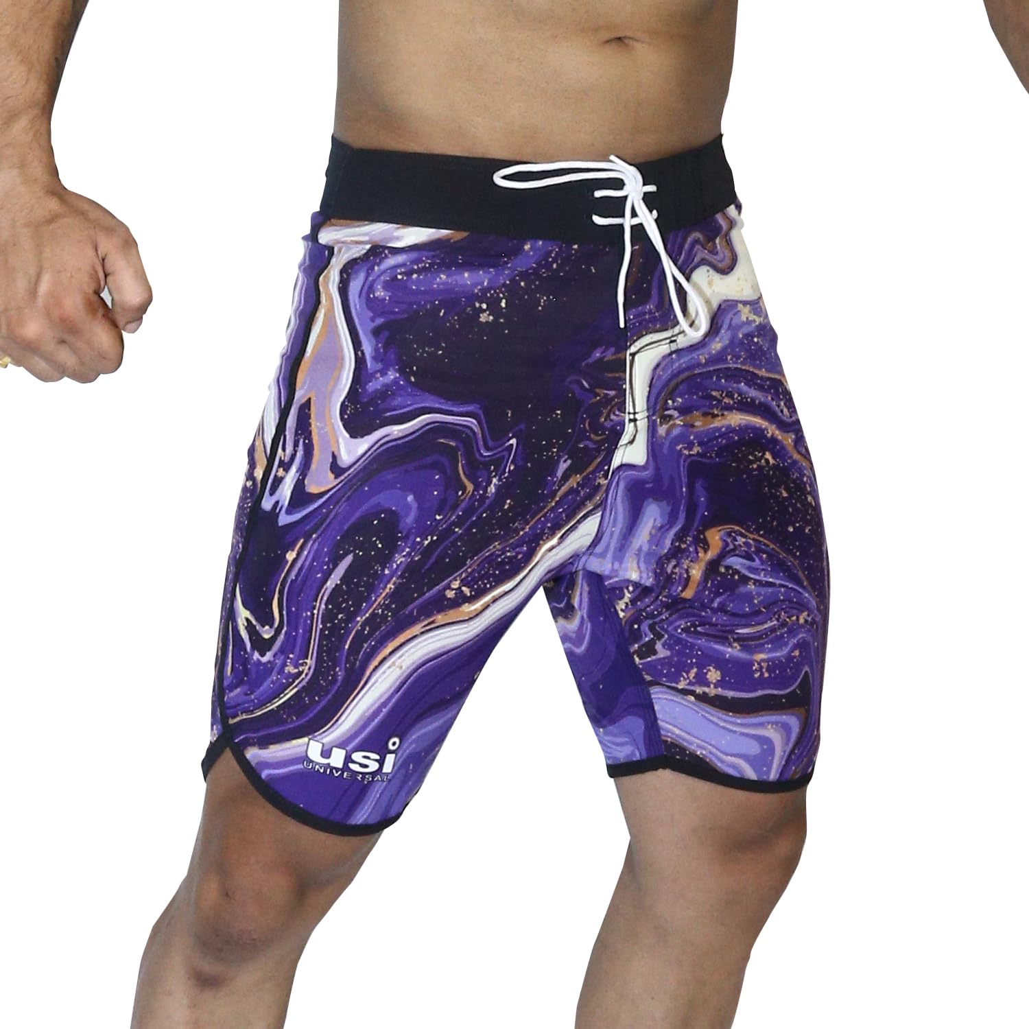 USI UNIVERSAL Shorts for Men, 411PM Marble Physique Board Shorts, Fitness Shorts, Polyester Elastane Construction, Hook Loop Fly (Small, Blue)