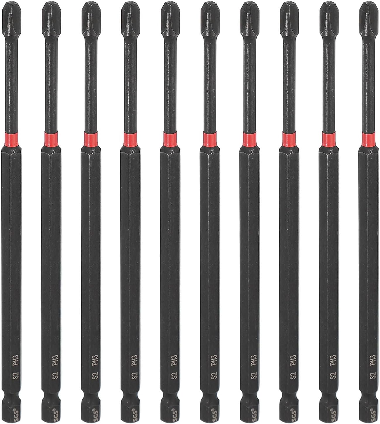 HARFINGTON 10pcs #3 Phillips Impact Screwdriver Bit PH3 1/4" Hex Shank 6" (150mm) Long Magnetic Cross Head Drill Bits S2 Steel Industrial Screw Driver for Impact Power Drivers, Black/Red