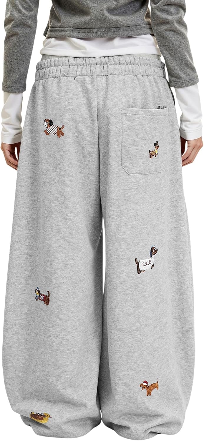 Aelfric Eden Embroidery Puppy Baggy Barrel Sweatpants Casual Y2K Elastic Drawstring Unisex Wide Leg Pants Lantern Trouser - Image 5
