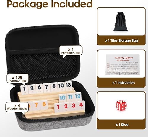 Miniatura 2 de uvcany Juego de cubos de viaje con 4 estantes de madera, 106 fichas de juego de cubo Rummy con estuche portátil para juegos de mesa clásicos