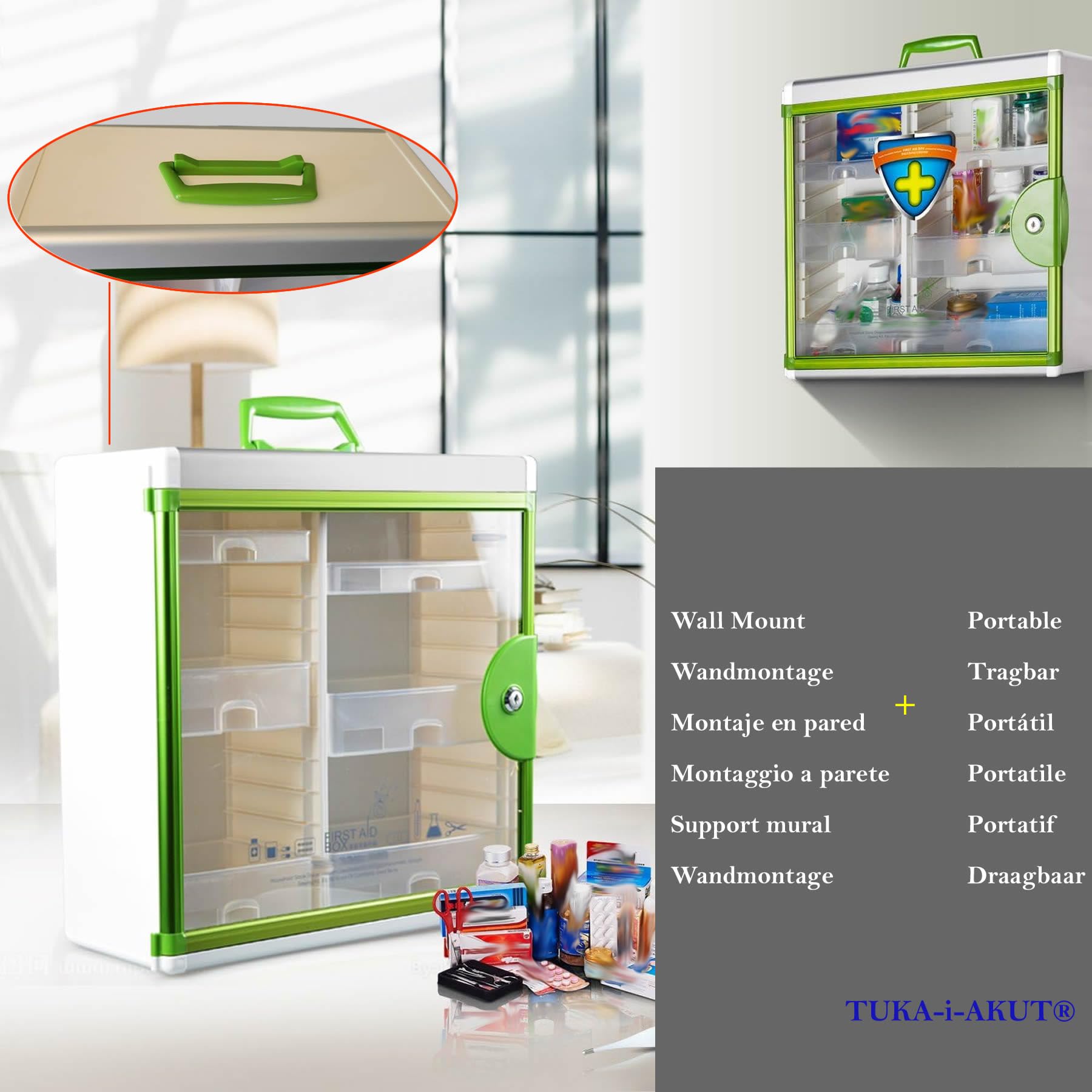 TUKA-i-AKUT 18L Armoire à Pharmacie Murale en Aluminium, 5 Compartiments 2 Clés, Verrouillable Sécurité Enfants, Armoire d'Apothicaire, Cadre Aluminium Armoire Premiers Secours, 35x32x17cm TKD6401-M