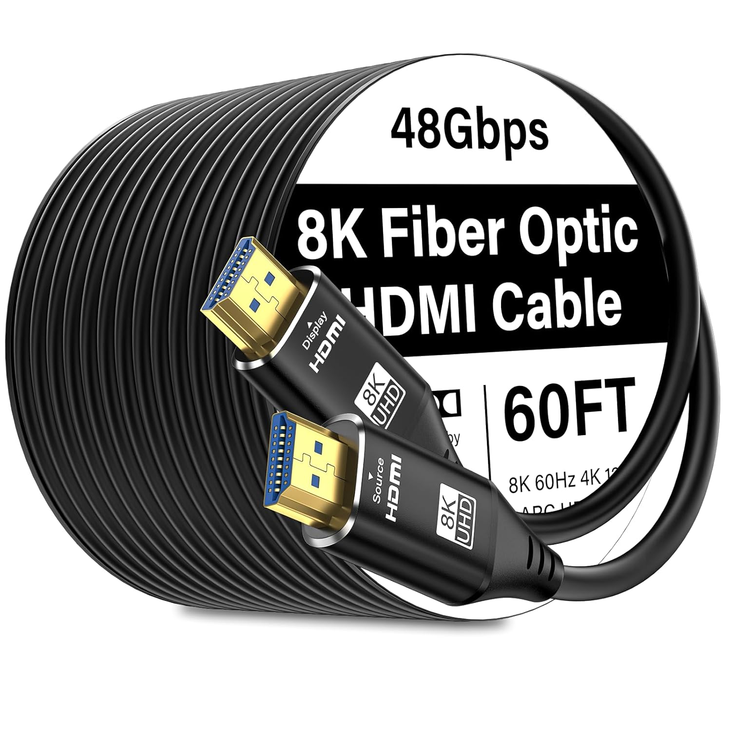 8K HDMI Cable Fiber-Optic 60FT Uni-Directional Home Theater/Game/Office Meeting Aluminium Shell High Speed, 48Gbps, Cord 8K60Hz 4K120Hz eARC HDCP 2.2&2.3 Slim -Black