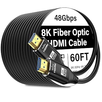 8K HDMI Cable Fiber-Optic 60FT Uni-Directional Home Theater/Game/Office Meeting Aluminium Shell High Speed, 48Gbps, Cord 8K60Hz 4K120Hz eARC HDCP 2.2&2.3 Slim -Black