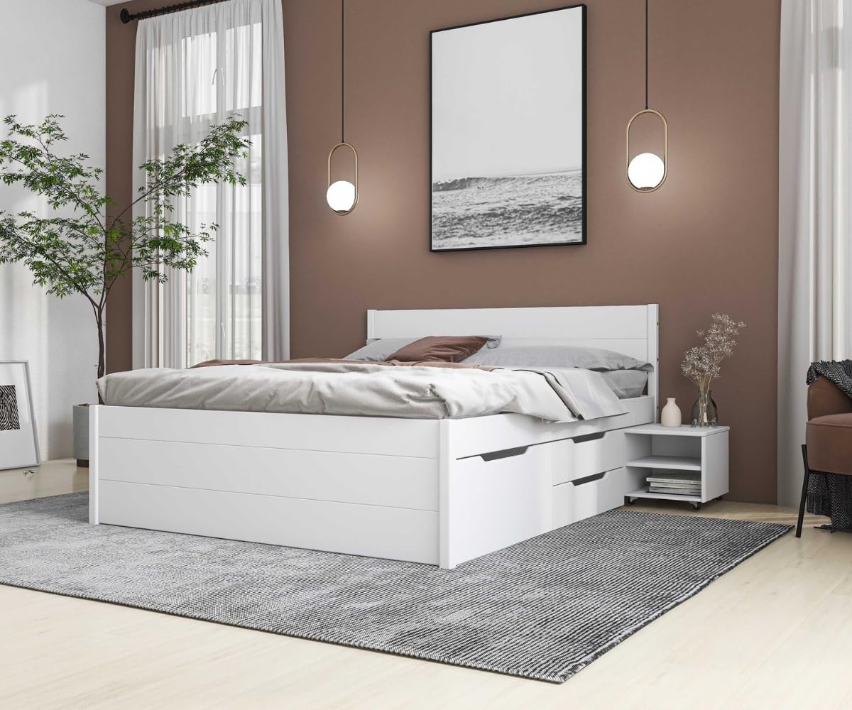 Inter Link - Bett mit Schubladen - Doppelbett 180x200 cm – Kojenbett mit Stauraum – Kiefer massivholz – 4 Schubladen und 2 Schubkasten – Inkl Lattenrost – Weiß lackiert – Efetivo 180x200cm