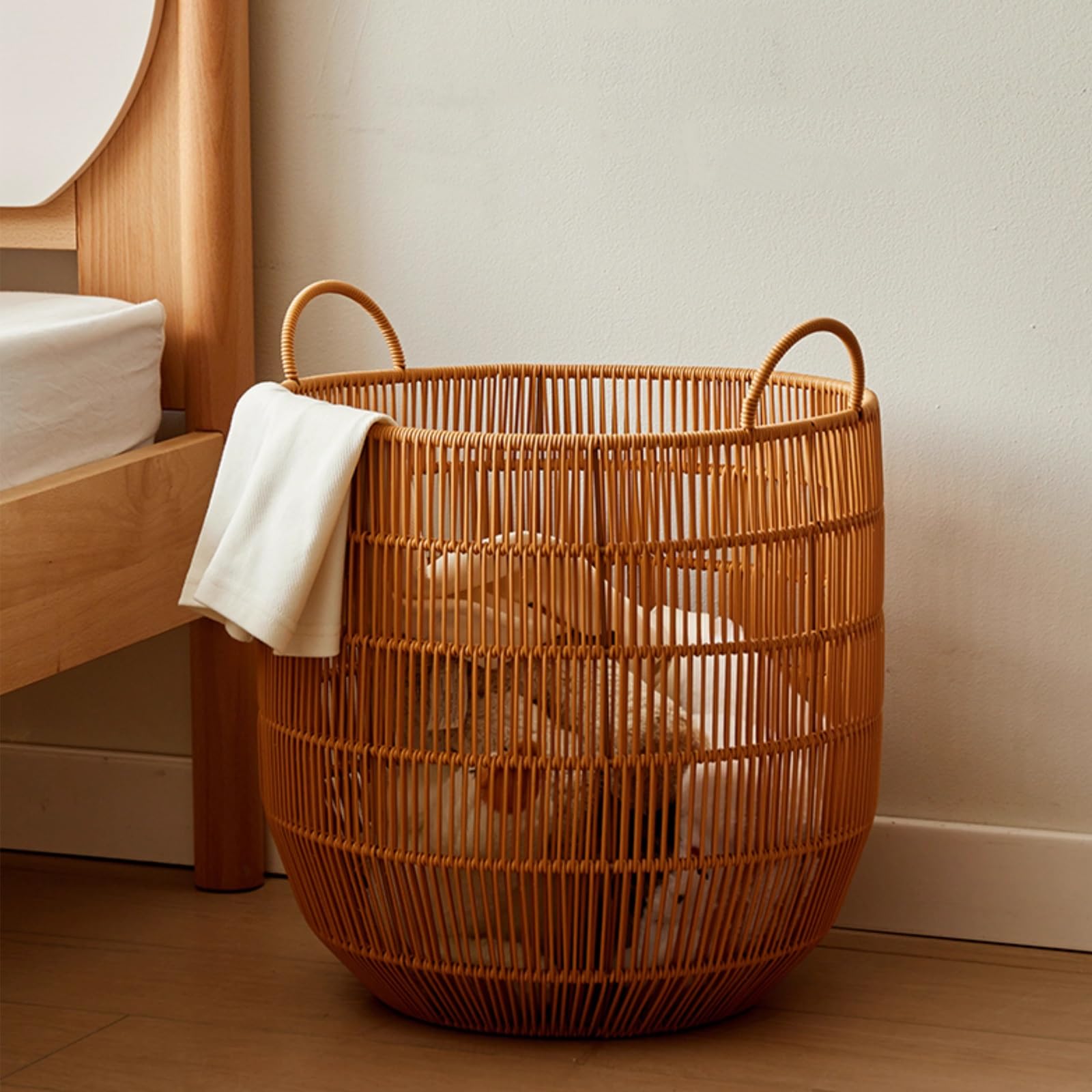 Wäschekorb Geflochten Rund, Wäschesortierer Aufbewahrungskorb für Schlafgemach, Runder Korb mit Henkel, für Waschküche Schlafzimmer Badezimmer(D34*H40cm)