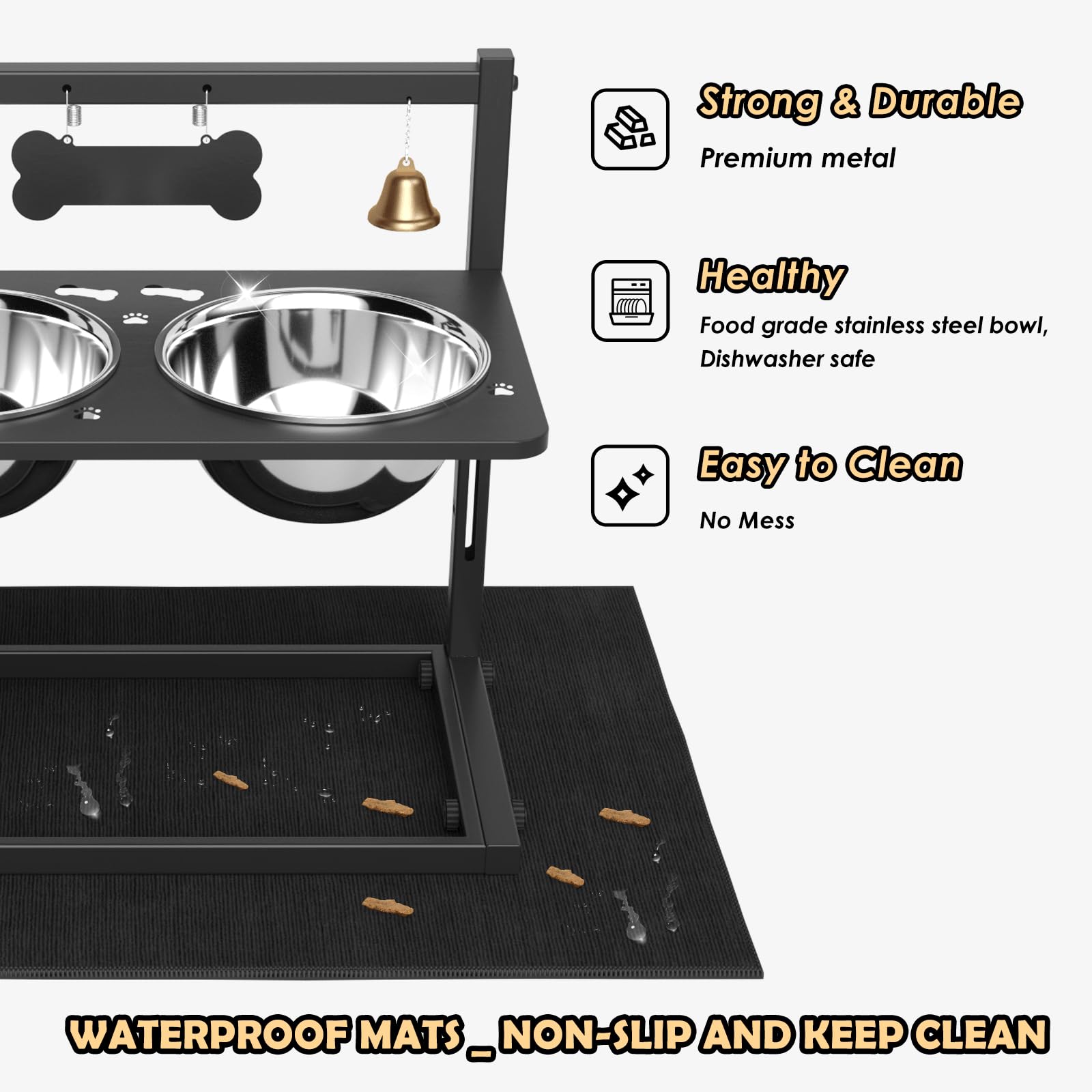 Cuencos elevados para Perros con comedero Lento, con Alfombrilla a Prueba de derrames, Altura Ajustable de 4.3 a 11.8 Pulgadas, Dos Cuencos de Acero Inoxidable de 1.7 L para Comida y Agua, Soporte
