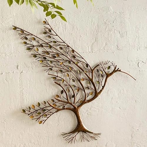Miniatura 5 de Arte de pared de colibrí de metal con ramas y hojas, rama de árbol, decoración de pared de colibrí de metal, escultura de pared de metal para el