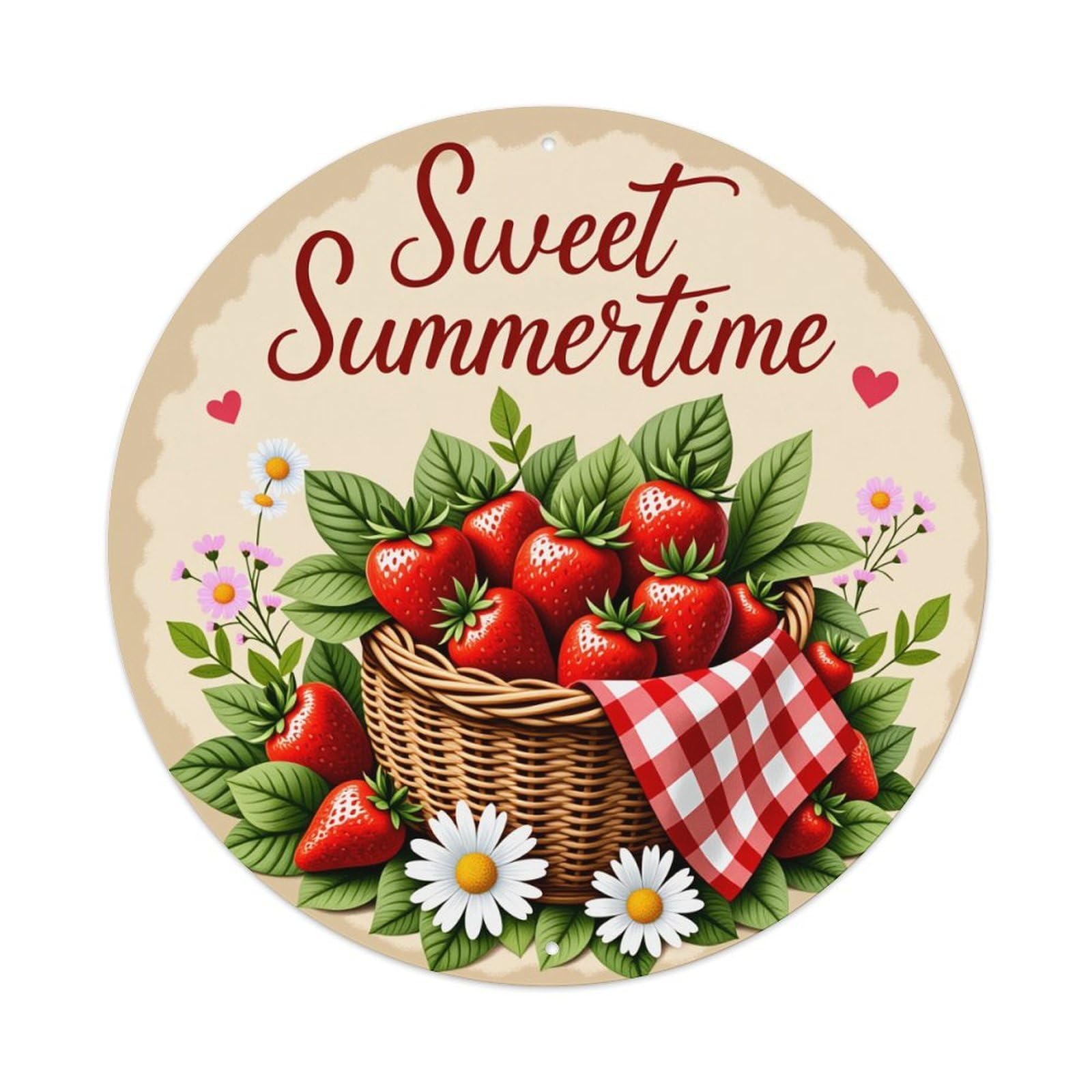 Strawberry Basket With Flowers And Leaves Round Tin Sign Vintage Metal Poster Retro Bar, Home, Man Cave, Kitchen, Laundry Room Wall Art Decor Gift 8x8In