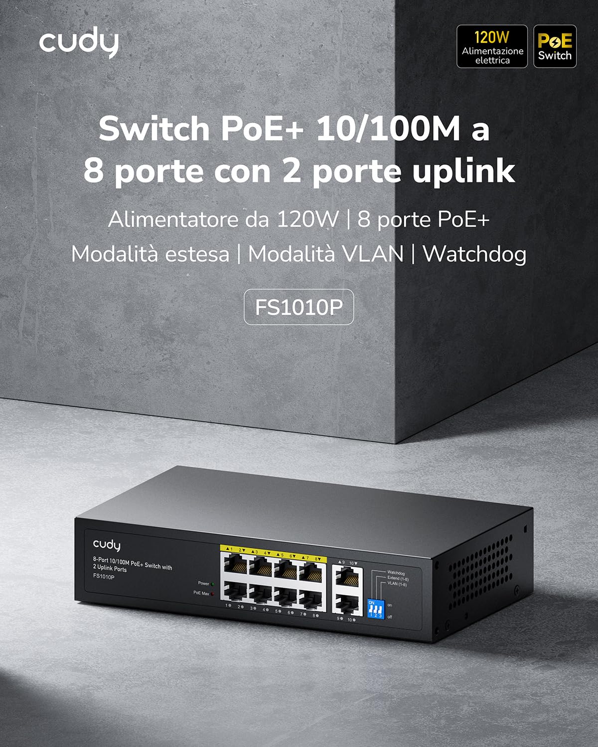 Cudy FS1010P Switch Ethernet 8+2 Porte Poe+ 120W, 8 Porte 10/100Mbps Poe+, Switch Unmanaged, CCTV/VLAN, No Alimentazione Aggiuntiva, 802.3af/at, Versione Rack in Metallo