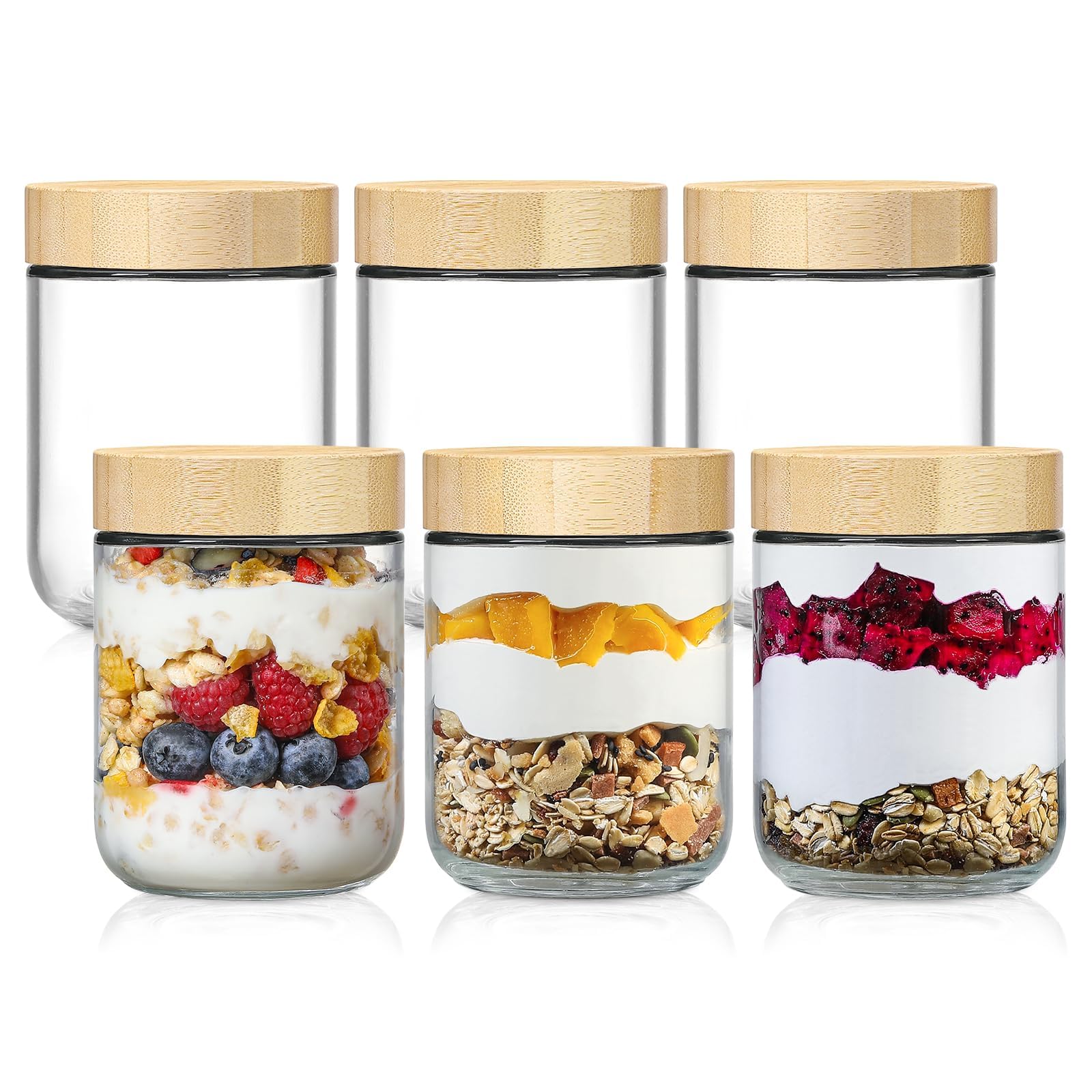 NETANY Paquete de 6 tarros de vidrio de 16 onzas con tapas herméticas, recipientes de avena nocturna con tapas de bambú, tarros de ensalada Mason de boca ancha, recipientes de almacenamiento de